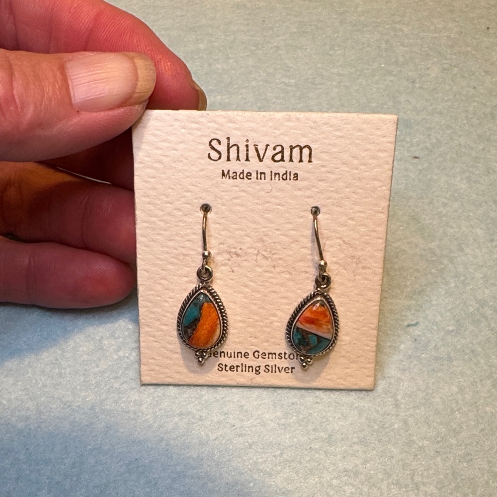 Shivam Sterling Silver Earrings with Blue and Orange Gemstones